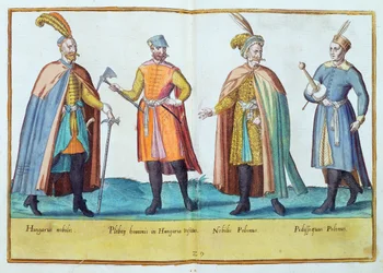 Stroje z XVI wieku z „Omnium Poene Gentium Imagines”, wydanego w Kolonii, 1577 (rycina ręcznie kolorowana)
